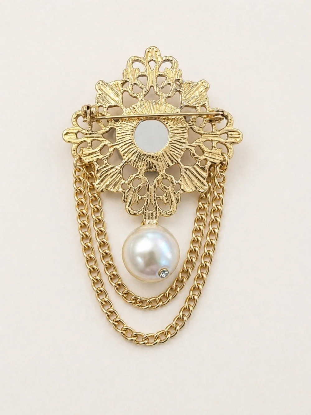 Vintage Style Gold Tone Filigree Blue Cabochon Faux Pearl Dangle Chain Brooch